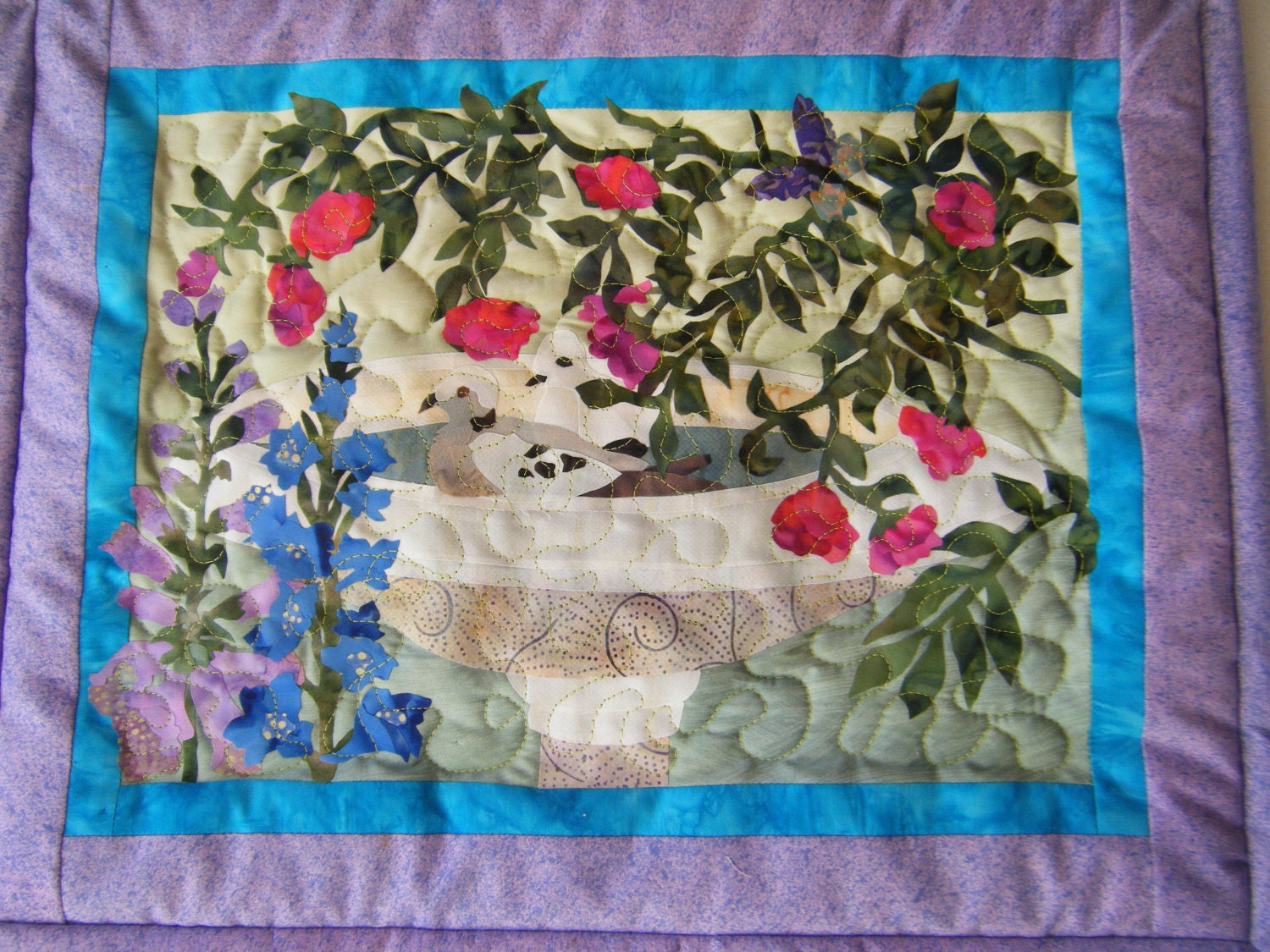 Two Doves in a Birdbath - Quilted Wall Hanging - HANDMADE BY ME - KraftyGrannysHome