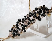 Gold and Black Beaded Bracelet, wire crochet bracelet, handmade beadwork jewelry