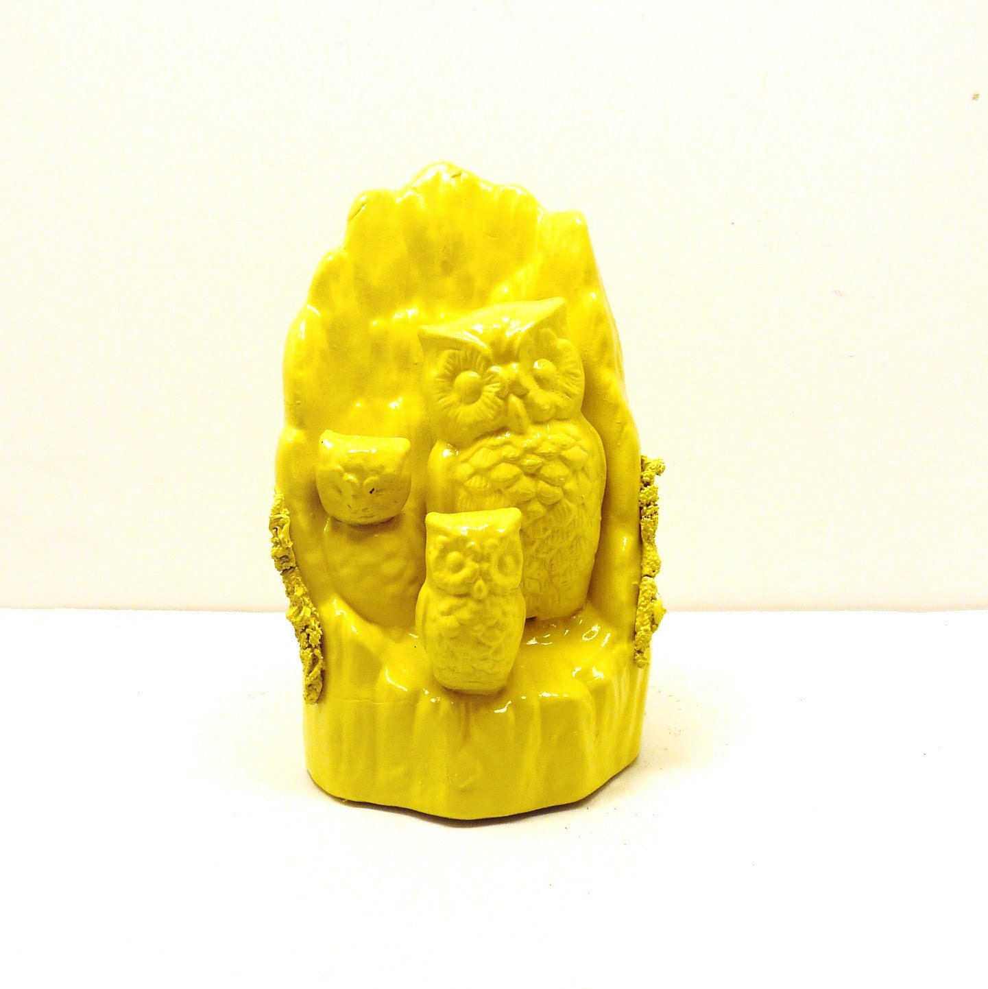 yellow, owl figurine, kitschy decor, upcycled ceramics, vintage owls, kitsch, figurine, retro, 70s, mod, sunny, bright, woodland, nature