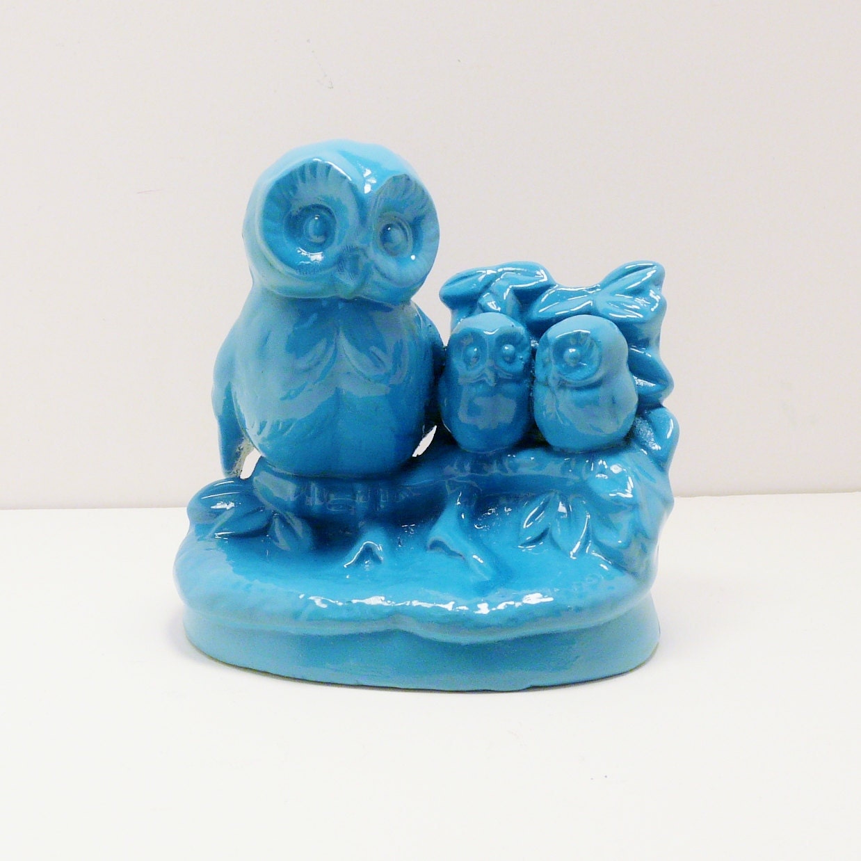 ceramic owl figurine // turquoise blue owls // upcycled home decor // kitschy woodland knick knack