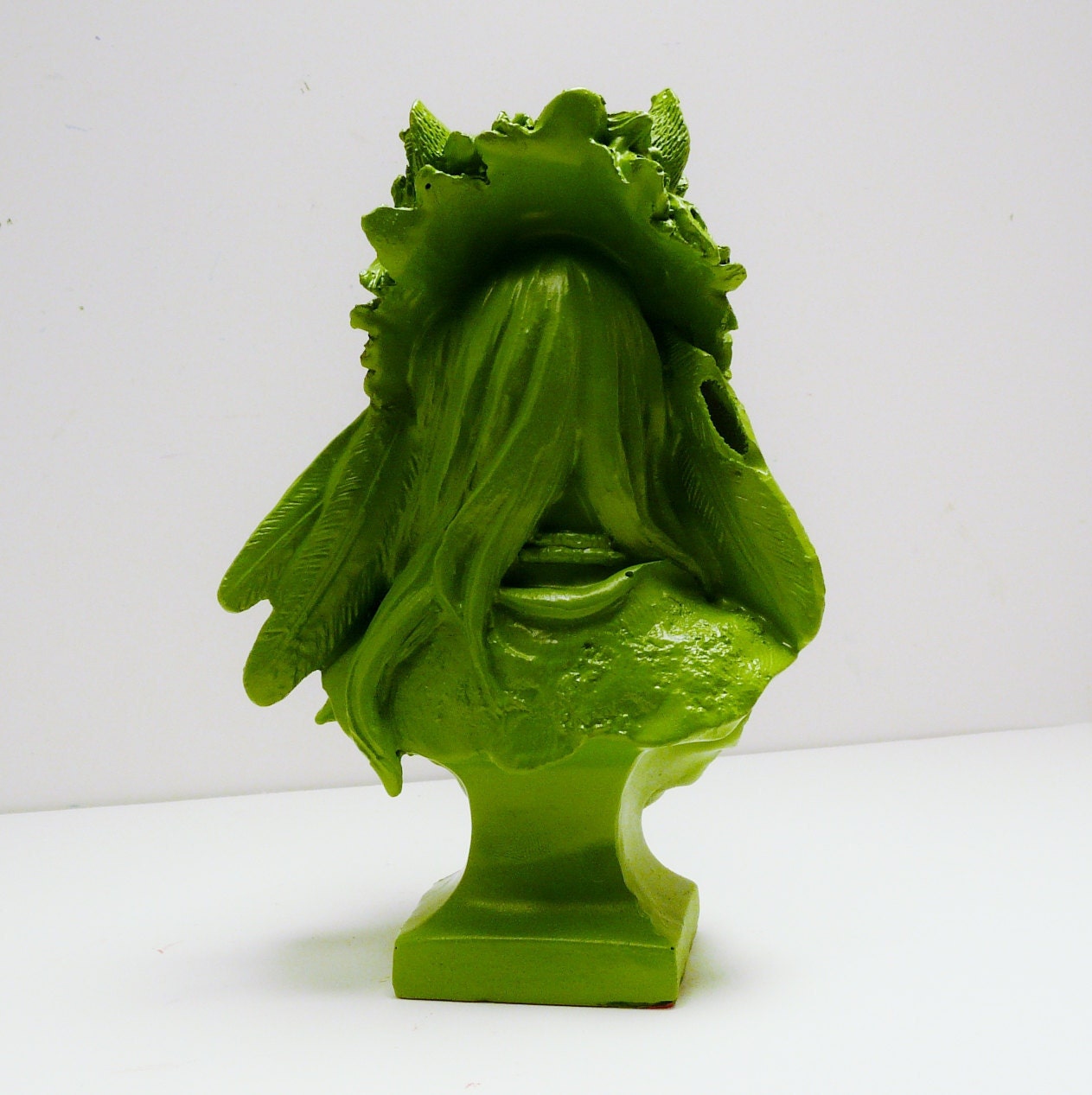 indian wolf figurine  //  upcycled home decor  //  leaf green, miniature head bust, statue, wolves, folk