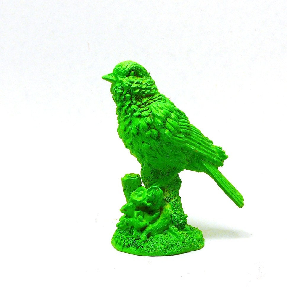 neon bird figurine, upcycled figurines, birds, neon decor, nature, neon green, modern home decor, repurposed, vintage figurines