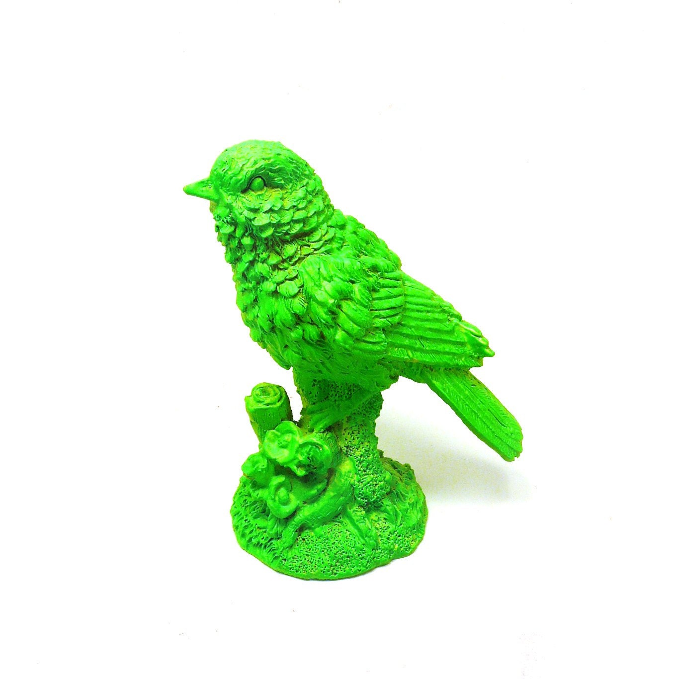 neon bird figurine, upcycled figurines, birds, neon decor, nature, neon green, modern home decor, repurposed, vintage figurines