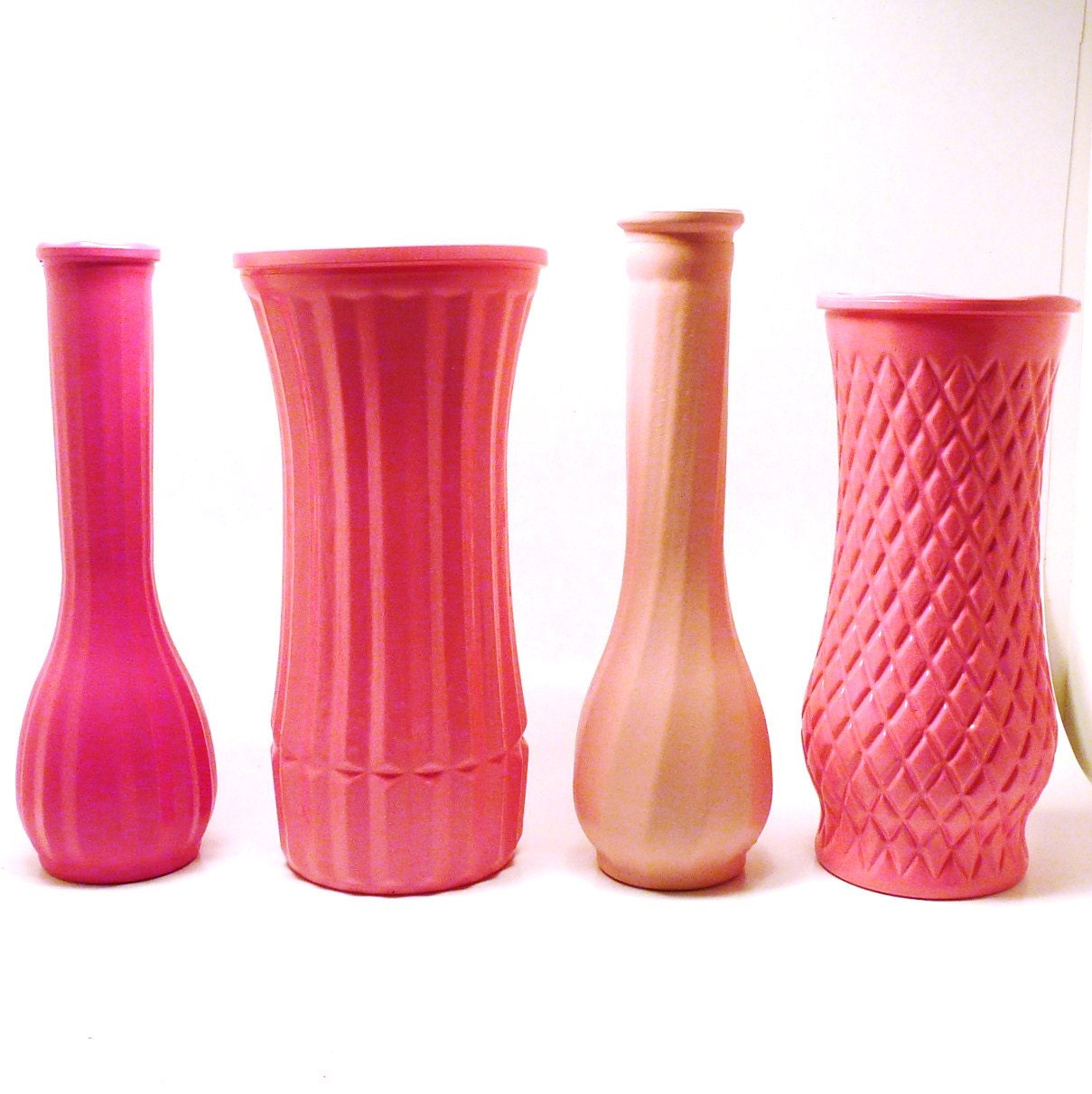 kitsch pink vases, vintage milk glass // pale pink, coral, hot pink, upcycled vase collection, 60s decor, retro, colorful, wedding, summer