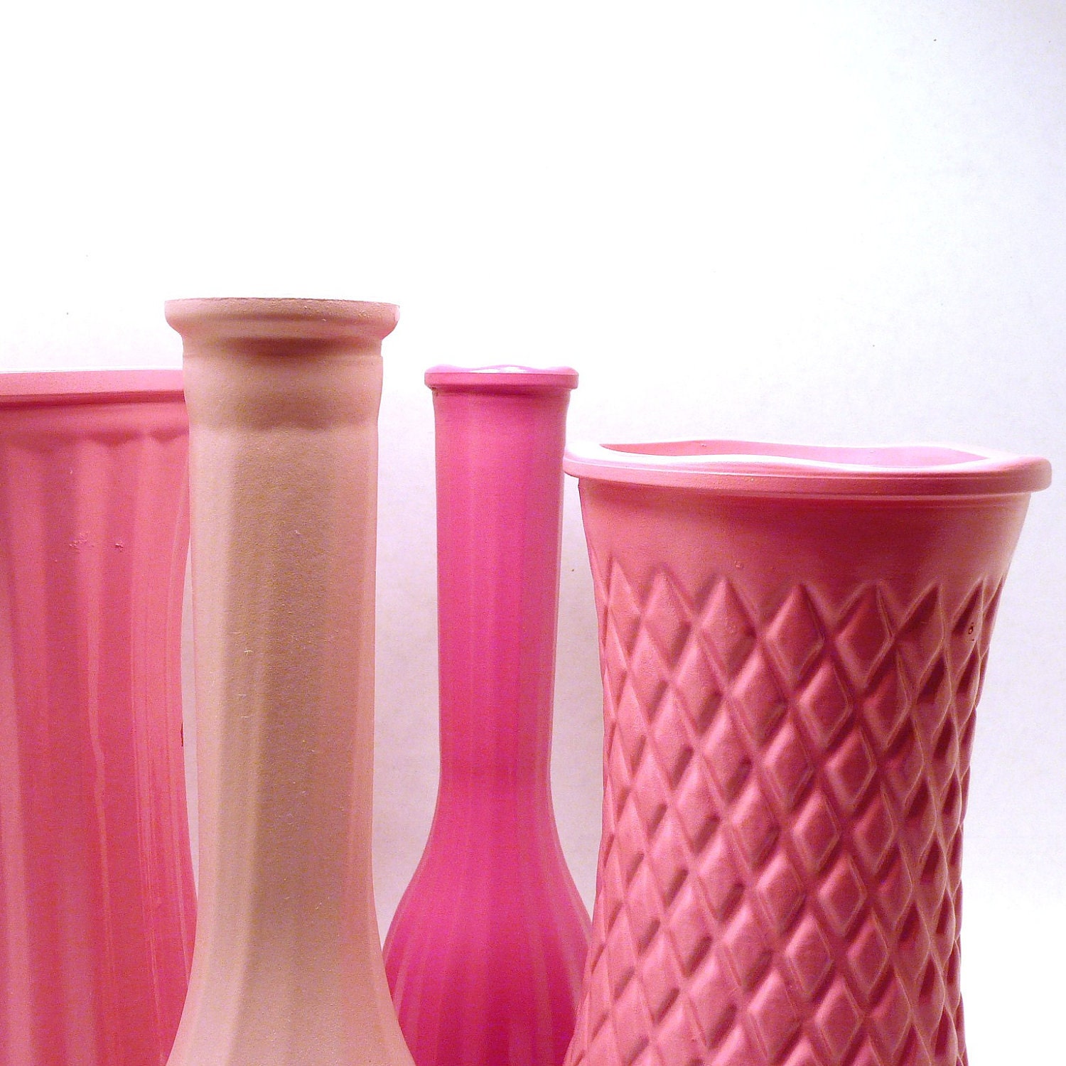 kitsch pink vases, vintage milk glass // pale pink, coral, hot pink, upcycled vase collection, 60s decor, retro, colorful, wedding, summer