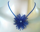 Crocheted Wire Necklace 3D Flower in Tru Blu