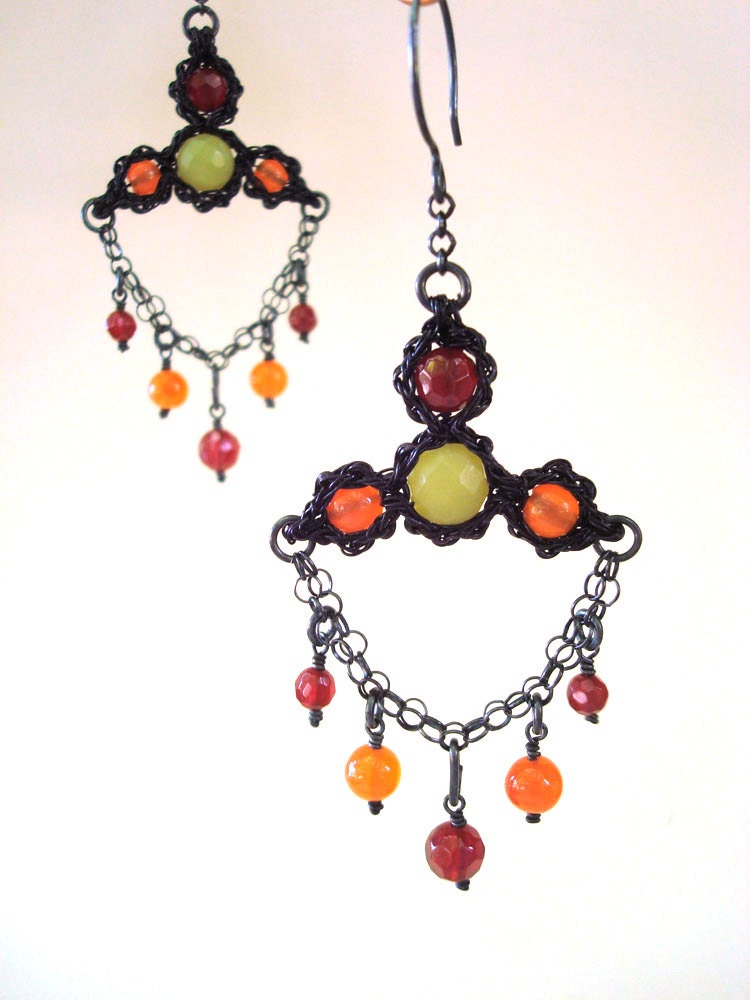 Crocheted Wire Bracelet and Earring Set - " Stained Glass "