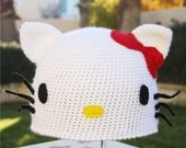 Hello Kitty -ish Hat : Kawaii Sanrio Anime Japanese- ish Handmade Crochet Beanie Hat
