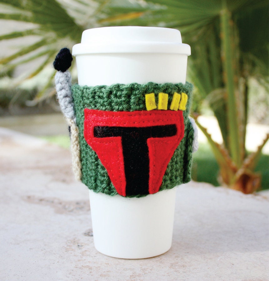 Boba Fett Inspired Coffee Travel Mug Cup Cozy:  Star Wars -ish Eco - Friendly Crochet Knit Sleeve