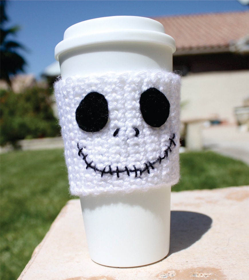 Jack Skellington -ish Travel Coffee Cup Mug Cozy - The Nightmare Before Christmas -ish Disney Animation Crochet Knit Sleeve