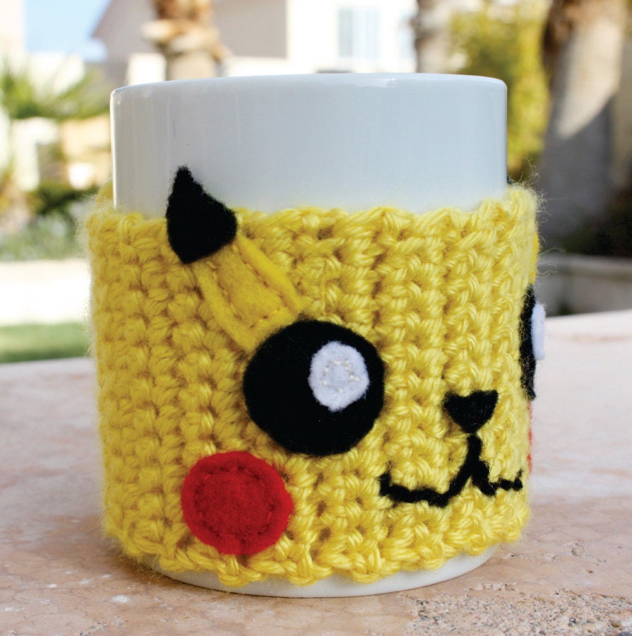 Pikachu Inspired Coffee Mug Tea Cup Cozy: Pokemon -ish Japanese Cartoon Crochet Knit Sleeve