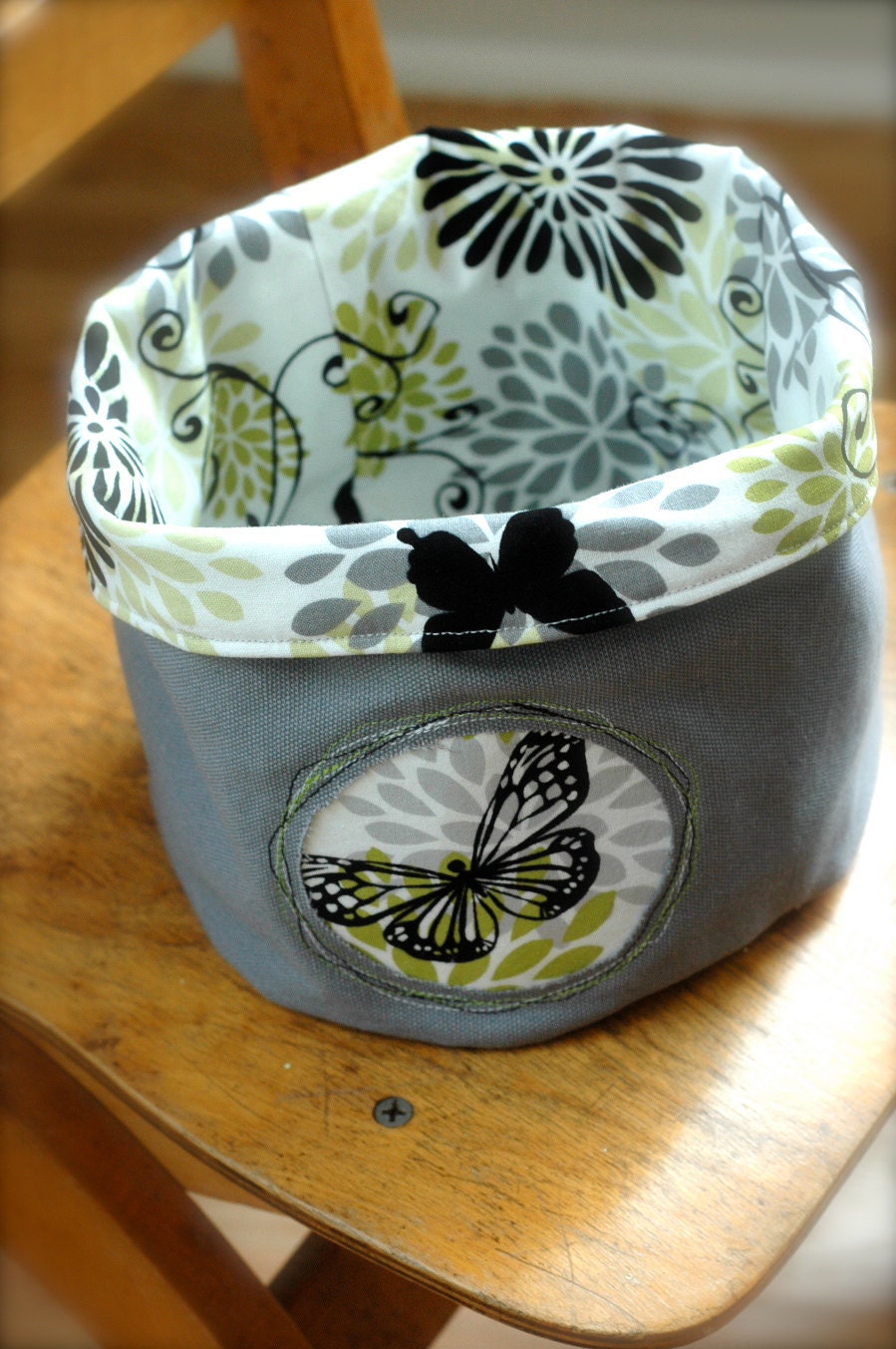 Small Fabric Storage Bin - Gray Linen with Butterfly Print - NikJDesigns
