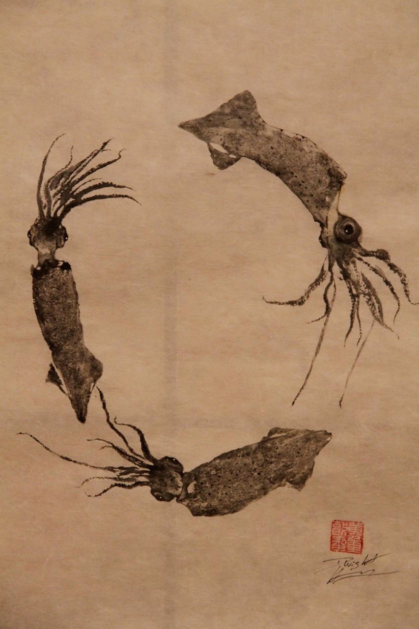 SQUID WREATH (ika) original GYOTAKU - traditional Japanese fish art by dowaito