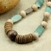 Wood Bead Strand Necklace in Teal and Taupe, Chunky Necklace