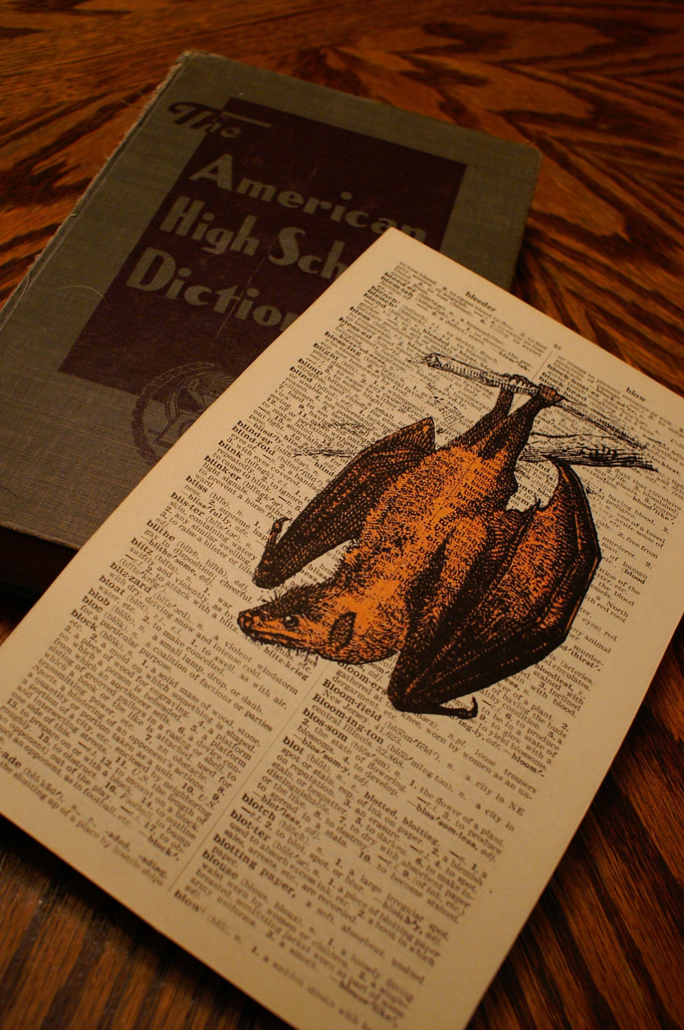Print on Vintage Book Page- Orange Fruit Bat