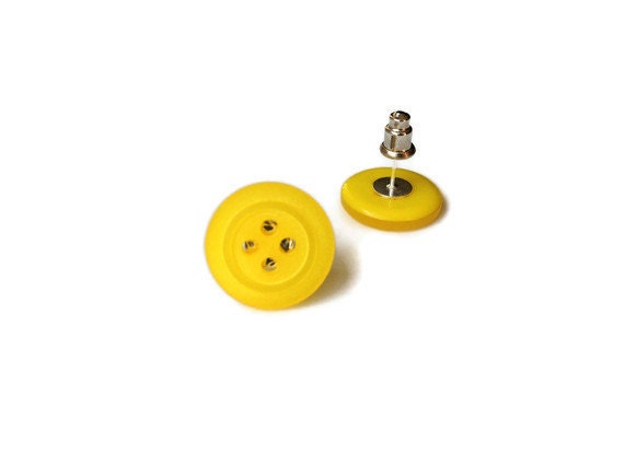 80s Inspired Yellow Button Earrings - Upcycled/Recycled Studded/Post Earrings - Spring Summer Mothers Day