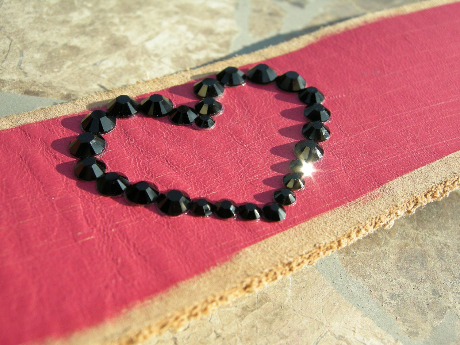 Recycled Leather Bracelet Pink Swarovski Crystal Rhinestones Studded Heart Ooak Reclaimed Distressed Cuff with Snap D-60-1