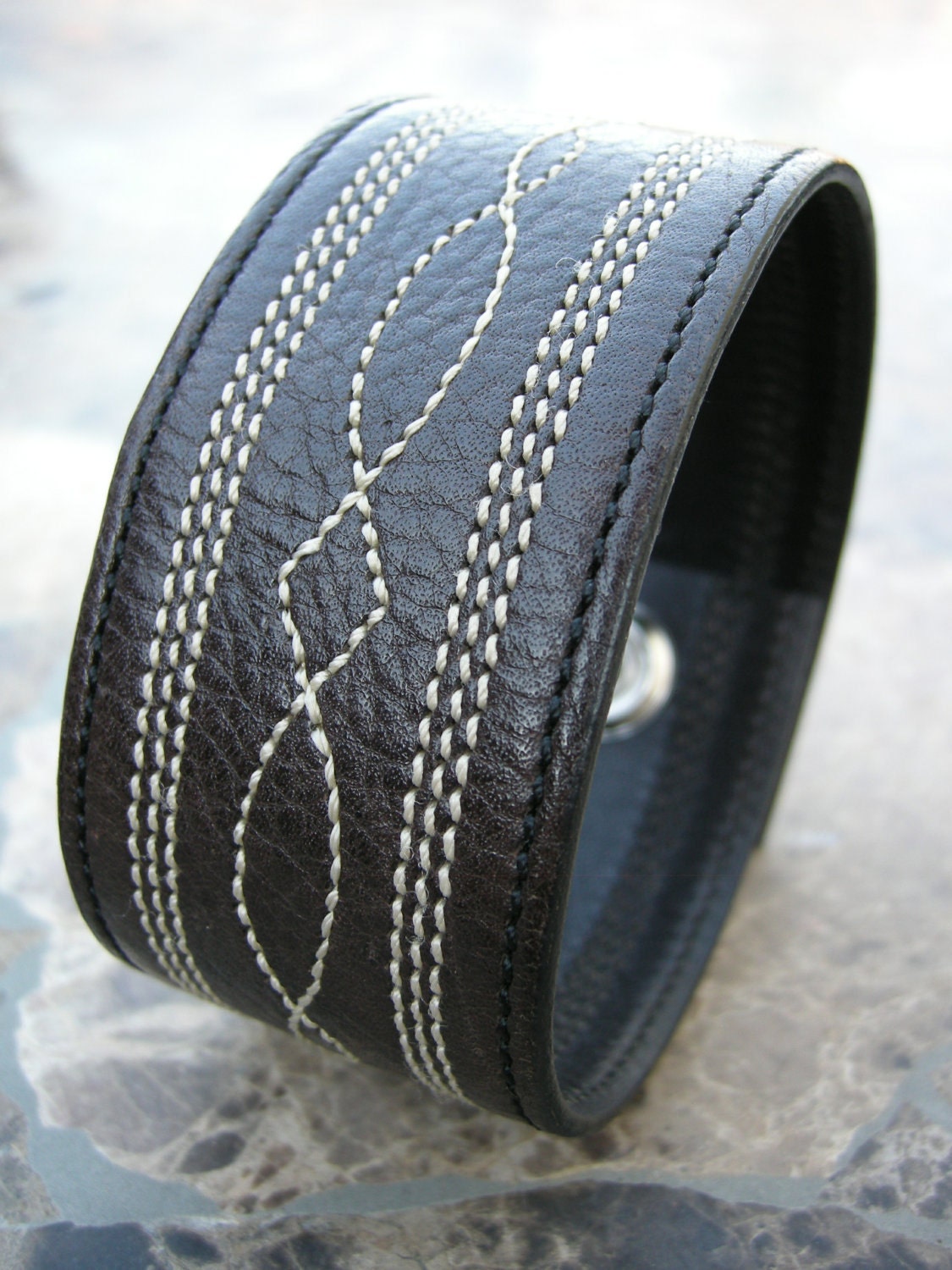 Mens Stitched Leather Wristband Recycled Reclaimed Bracelet Cuff with Snap BRN-110-1