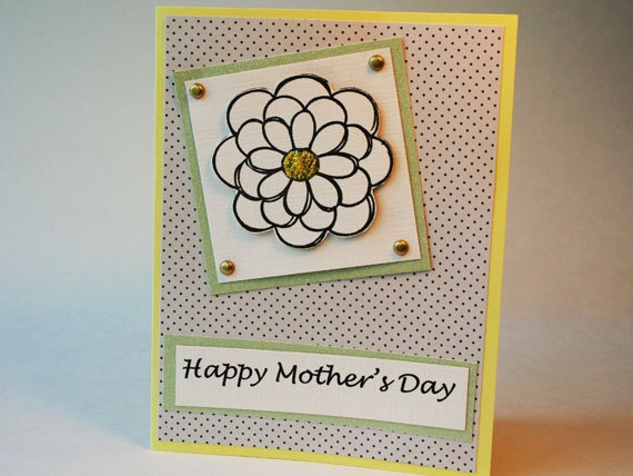 Mother's Day Card, Flower, Polka Dots, Daisy, Yellow, Green, Glitter Paper