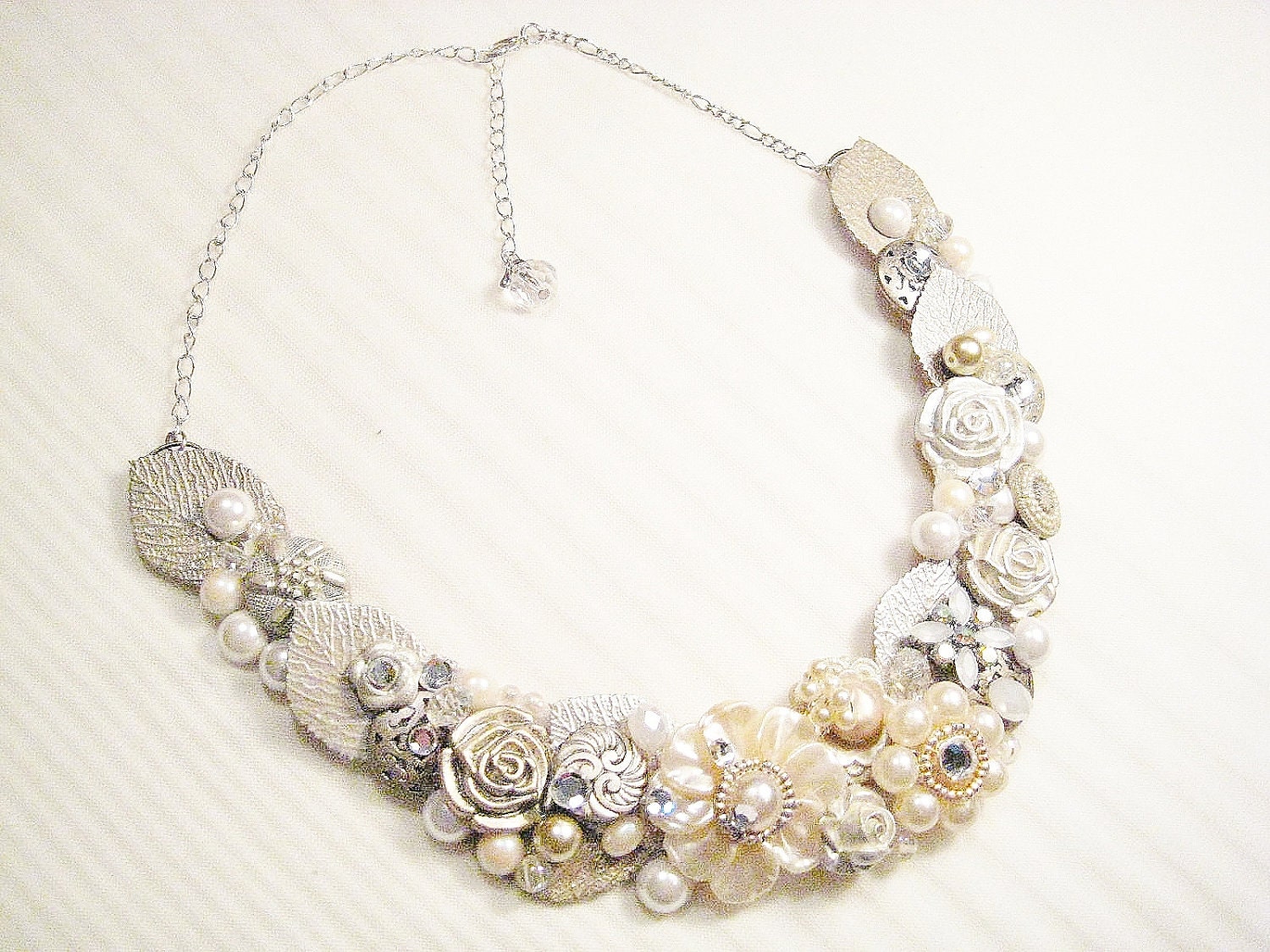 Ivory Bridal Bib Necklace- Silver Statement Necklace with Pearl Flower- Vintage Wedding Jewelry- Chunky