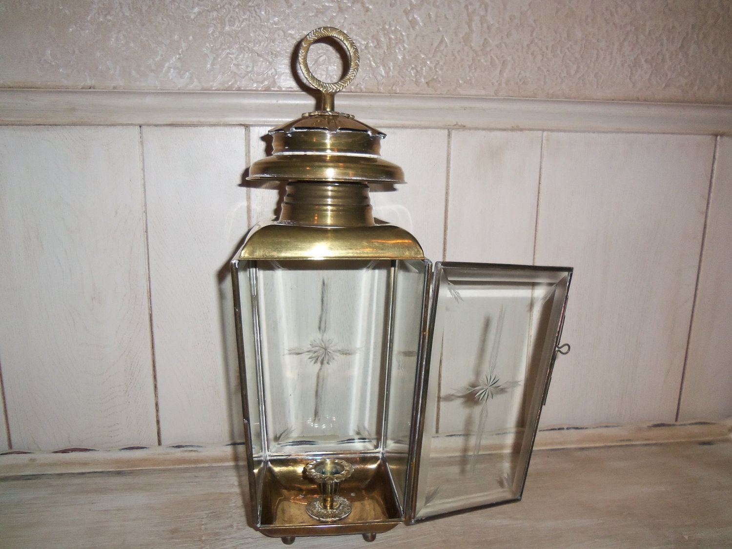 Antique brass lantern candle holder etched glass by frenchtwine