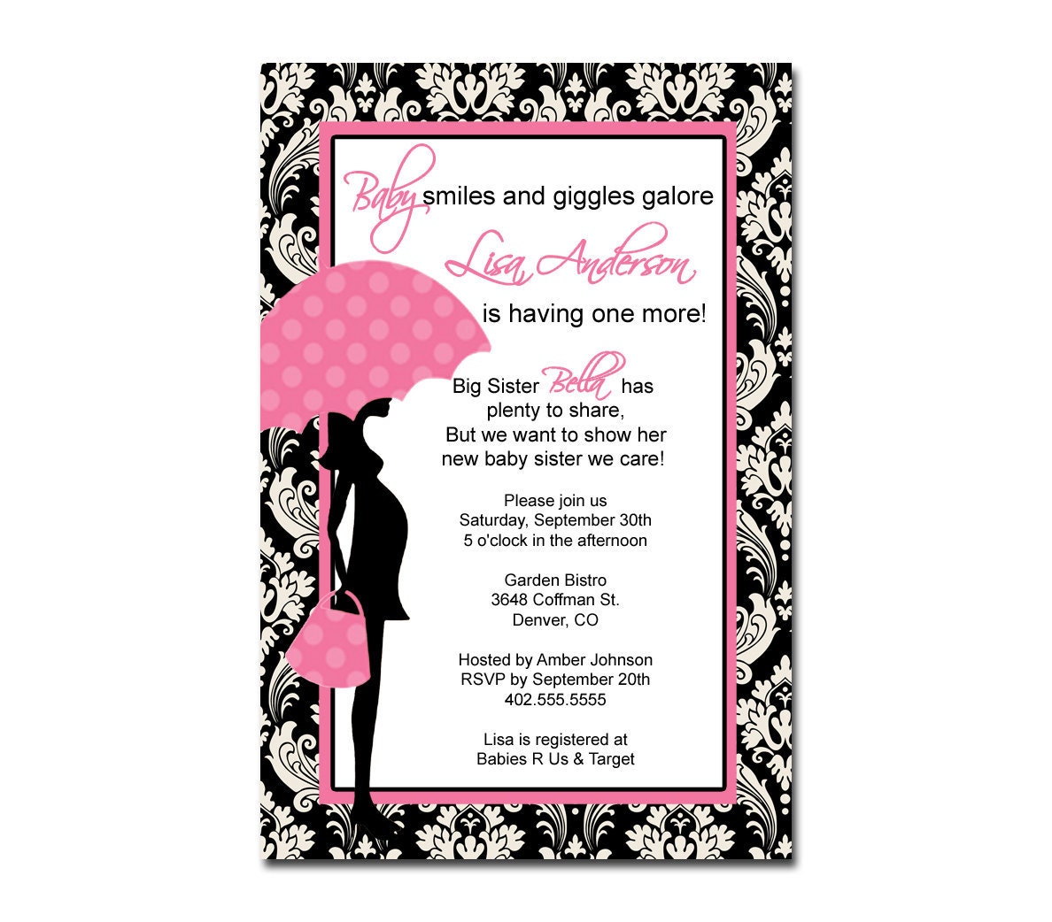 Black Damask Sprinkle Pink Baby Shower Invitation Card  - You Print
