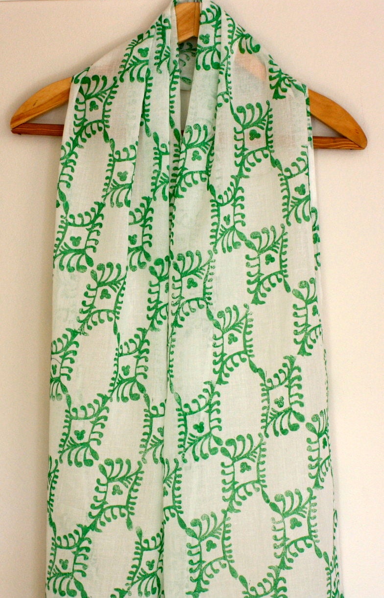 Hand block printed green on white cotton scarf/shawl