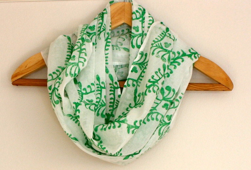 Hand block printed green on white cotton scarf/shawl