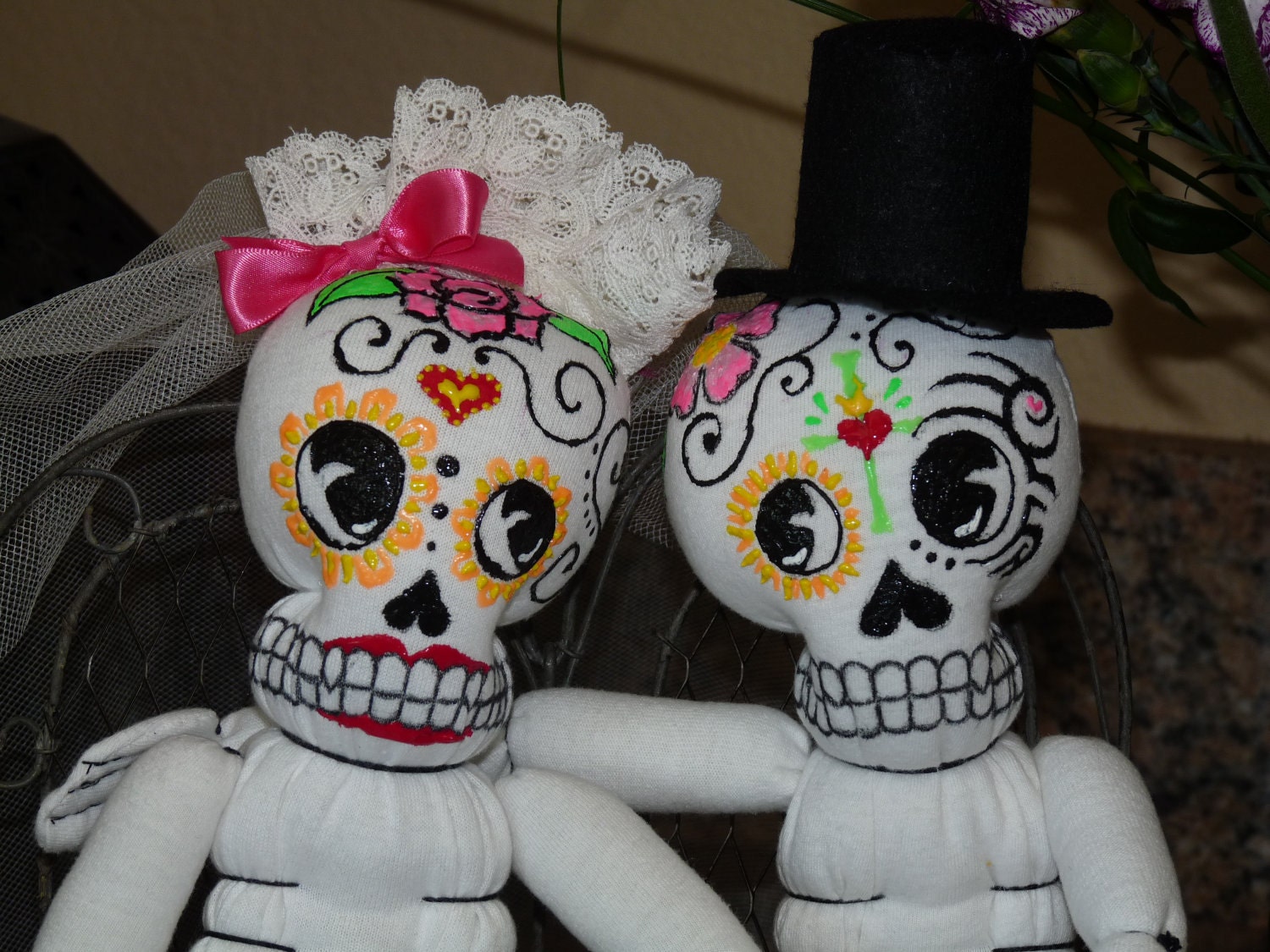 Wedding Couple - Dia de los Muertos (Day of the Dead) Sugar Skull skeleton dolls 17"