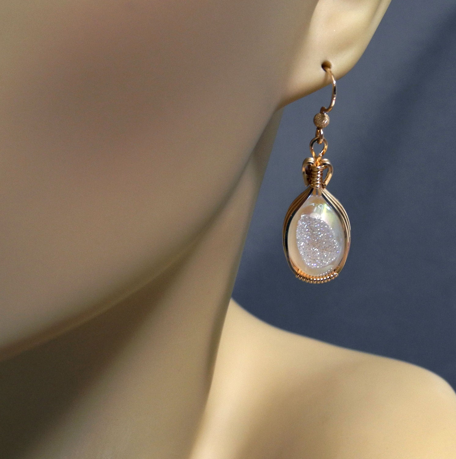 White Crystal Druzy Earrings Wire Wrapped