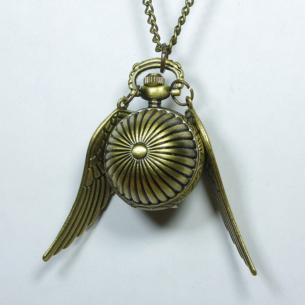 SALE -Enchanted Steampunk Golden snitch Double Sided wings Pocket Watch Necklace harry potter pocket watch- Deathly Hallows:Part ll