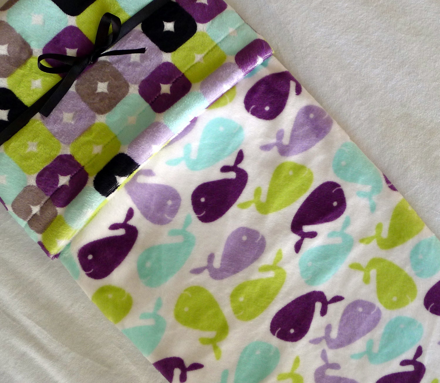 Lovie Security Blanket , READY TO SHIP- Minky Baby Blanket 16x18- Whale Watching Cuddle Minky with Foxy Boxy Minky For Your Baby