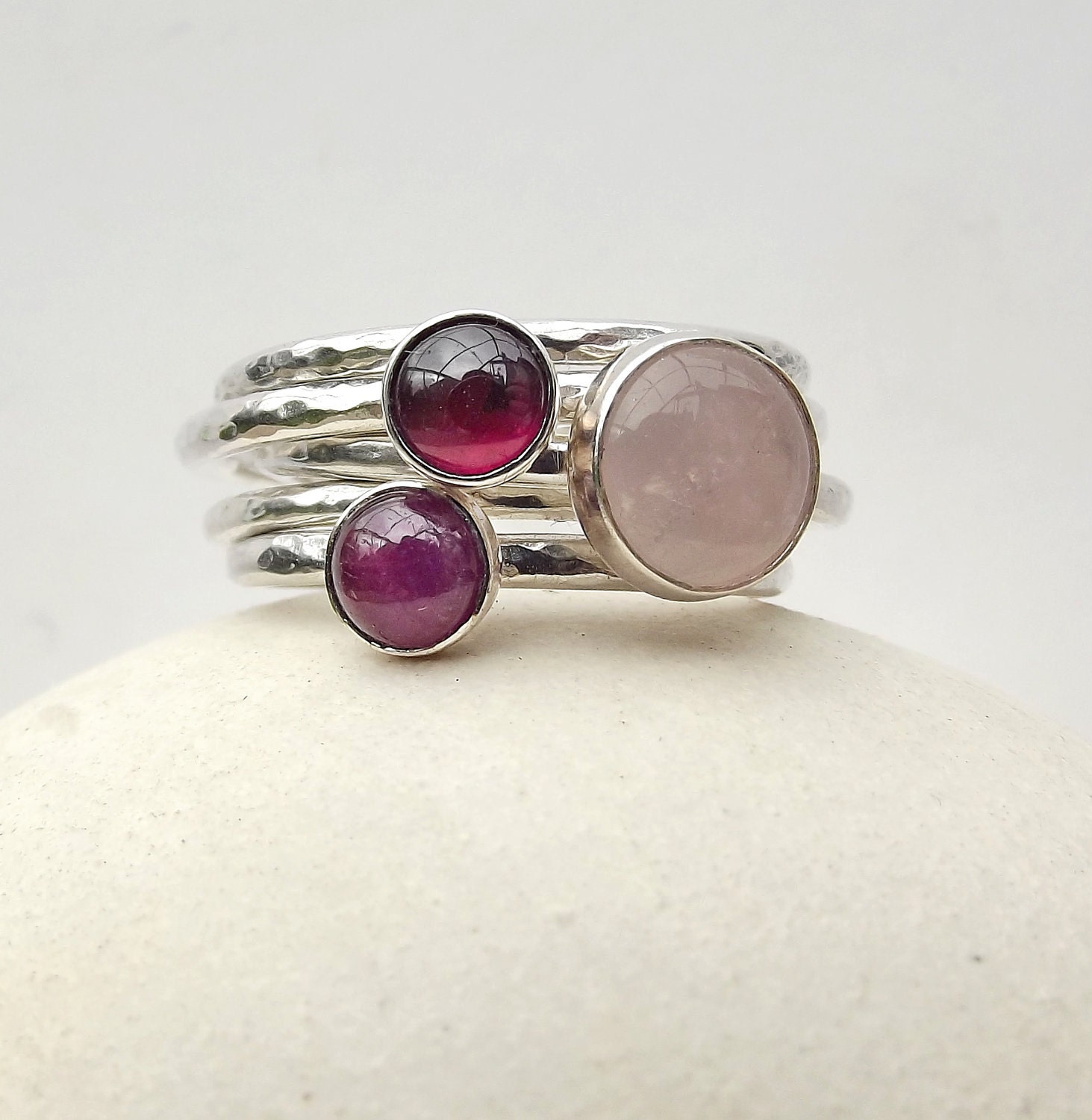 In The Pink - Sterling Silver Stacking Rings set - Rose Quartz, Ruby and Garnet