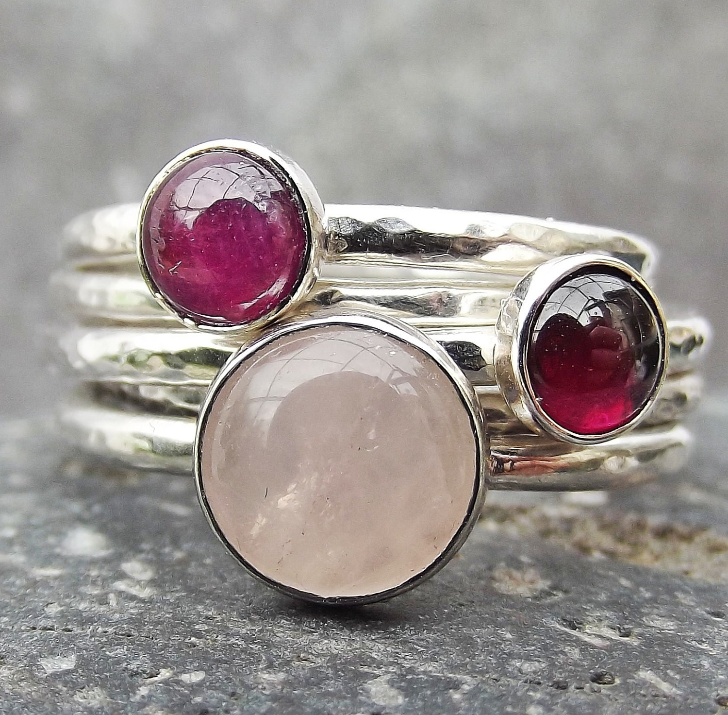In The Pink - Sterling Silver Stacking Rings set - Rose Quartz, Ruby and Garnet