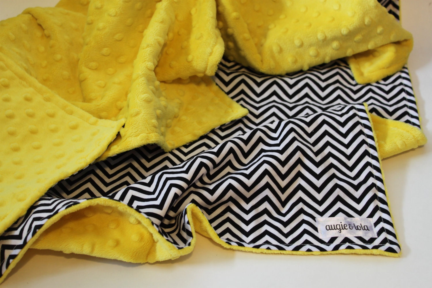 Minky Baby Blanket, Black and White Chevron Baby Blanket with Yellow Minky