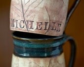 Personalized Woodland Rustic Blue Ceramic Coffee Mug-Hand Stamped Vintage Typeset Letters