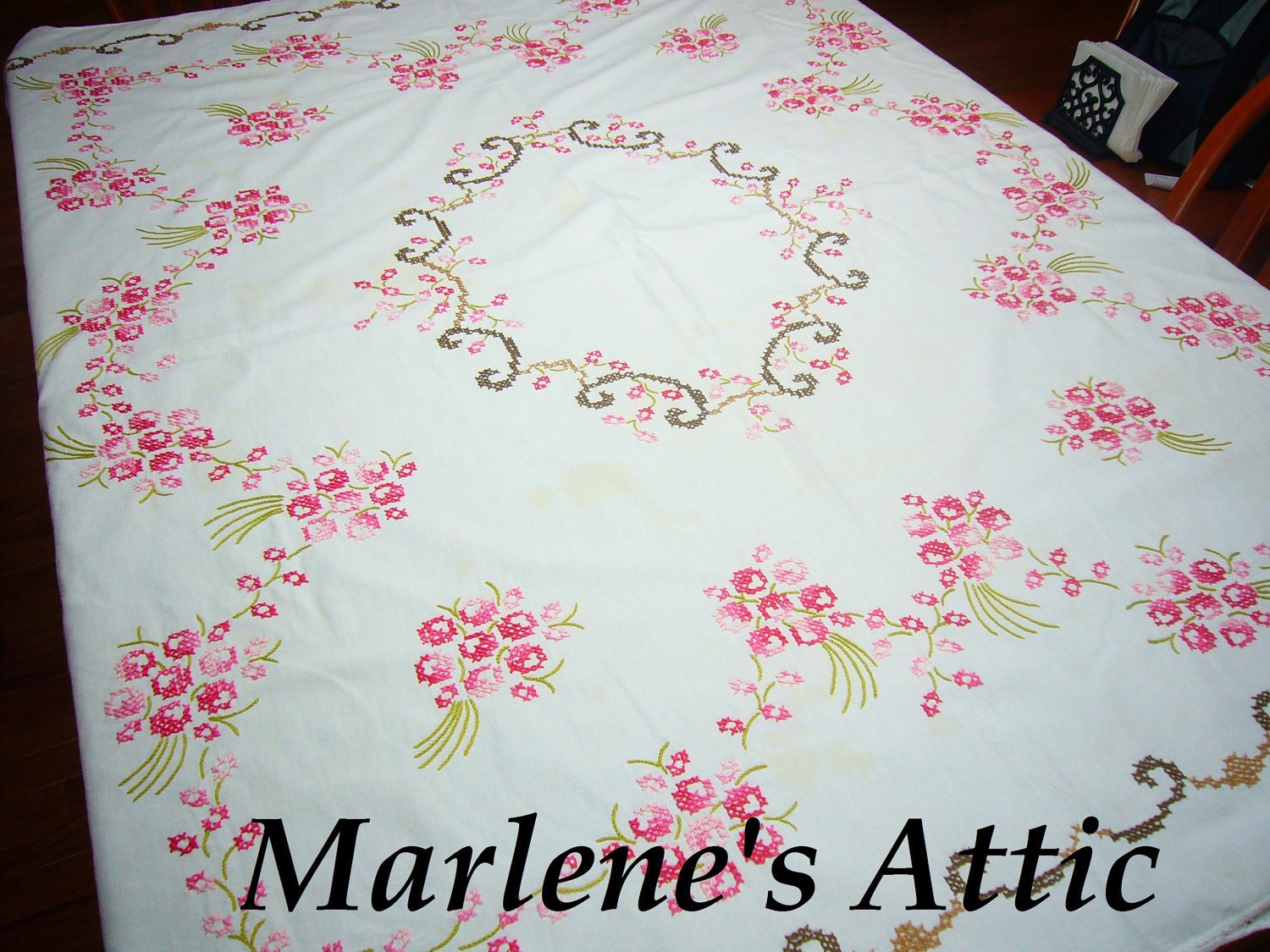 Vintage White Kitchen Dining Luncheon Tablecloth with cross stitch embroidery by MarlenesAttic