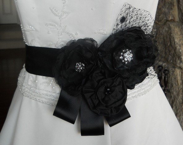 Statement Black Wedding Dress Sash of Flowers, Ribbon, Rhinestones, French Veiling and Crystals