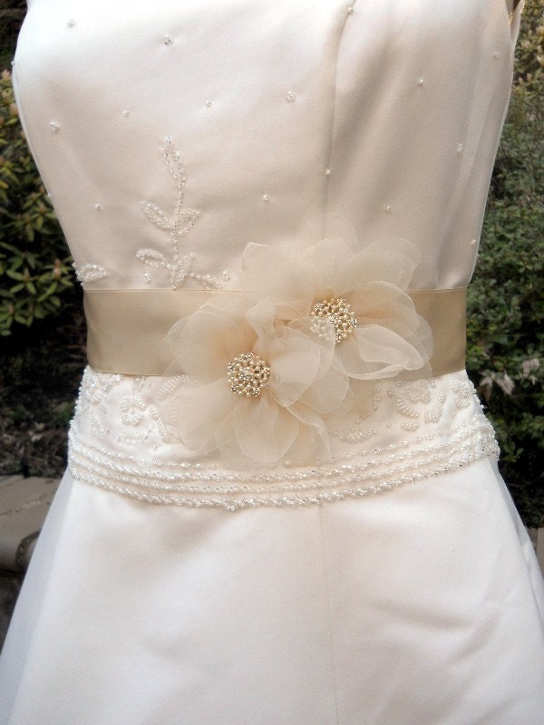 Wedding Dress Sash Organza Flowers in Champagne for Bridal Gown