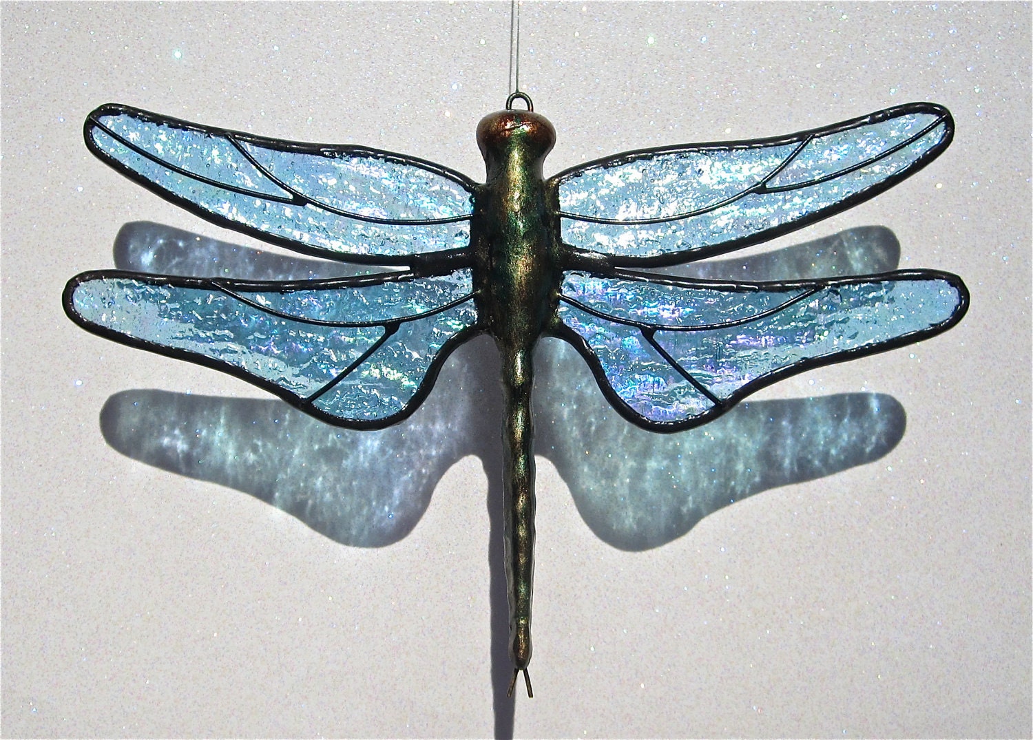 Stained Glass DRAGONFLY Suncatcher, Sparkling Light Ice Blue, Iridescent Wings & Handcast Metal Body, USA Handmade - stainedglasswhimsy