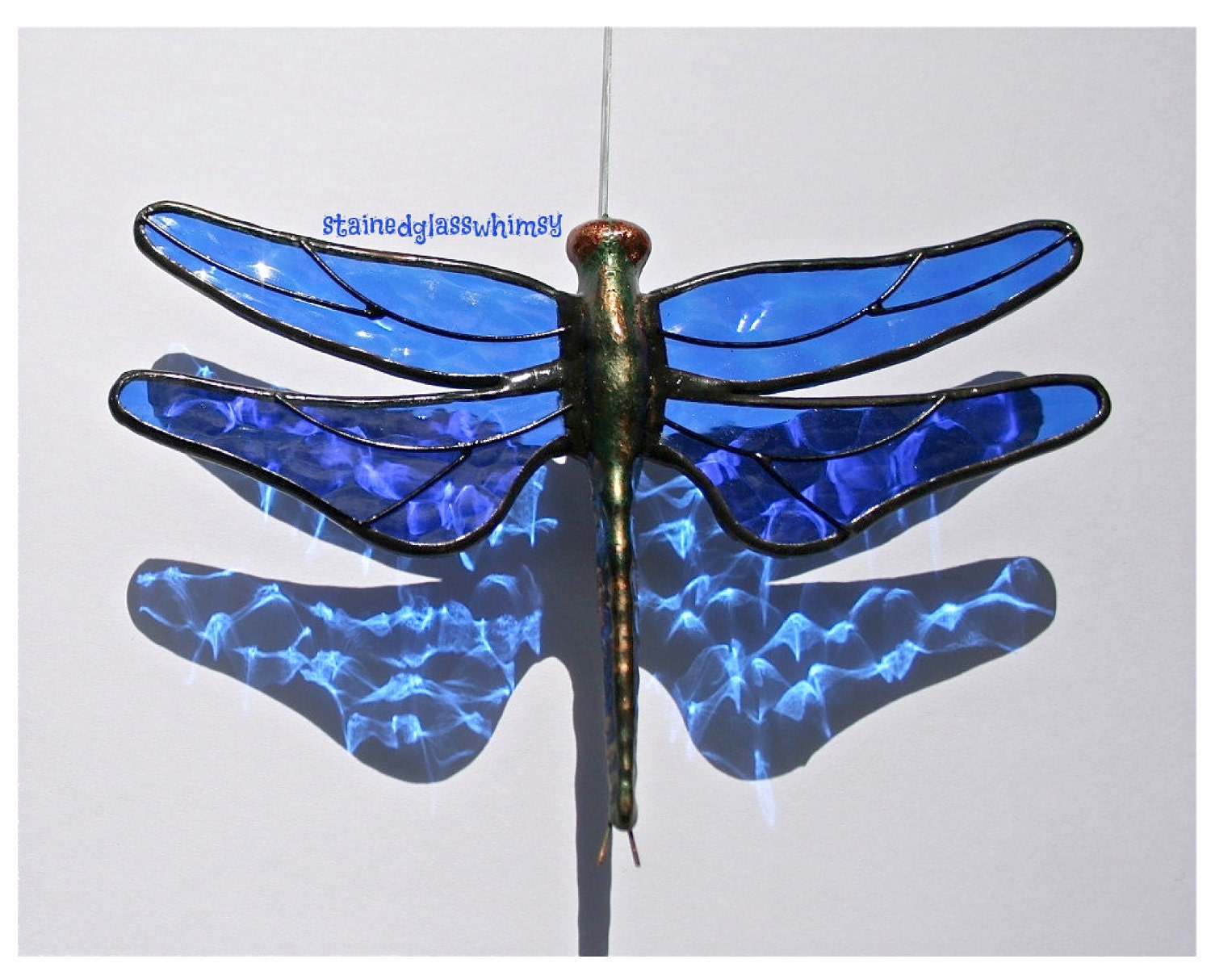 Stained Glass Dragonfly Suncatcher - Cobalt Blue Wings, Textured - USA Handmade