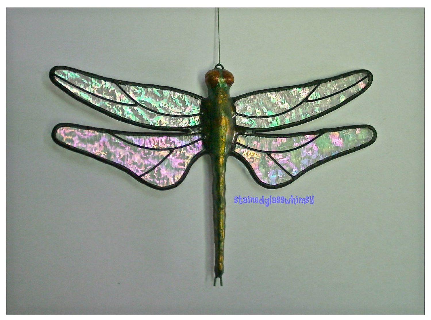Stained Glass DRAGONFLY Suncatcher, Clear Iridescent "Granite" Wings & Handcast Metal Body, USA Handmade Original