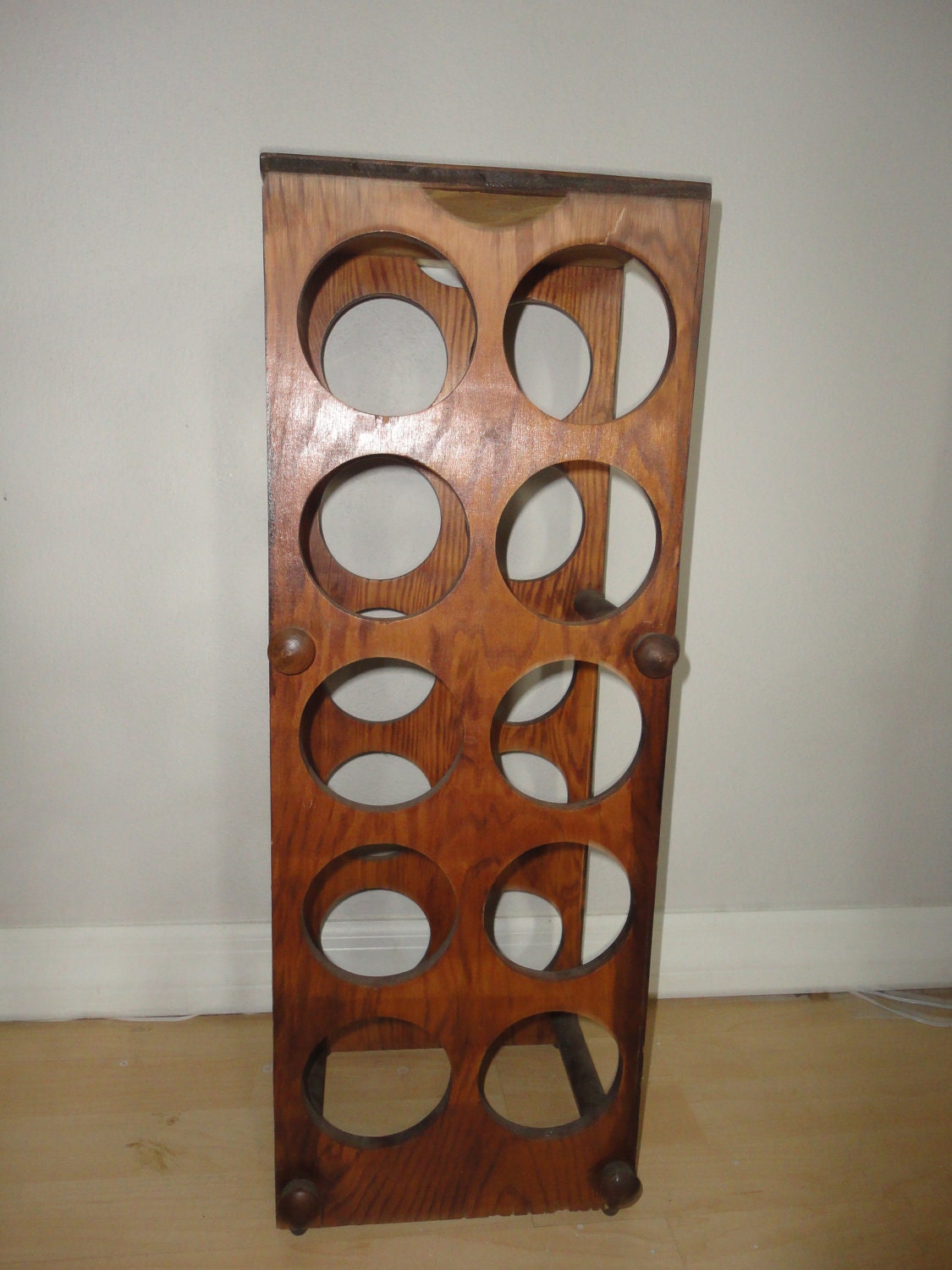 Vintage Hand Made Wood Wine Bottle Rack -Wine Bottle Shape Design - Holds 10 Bottles