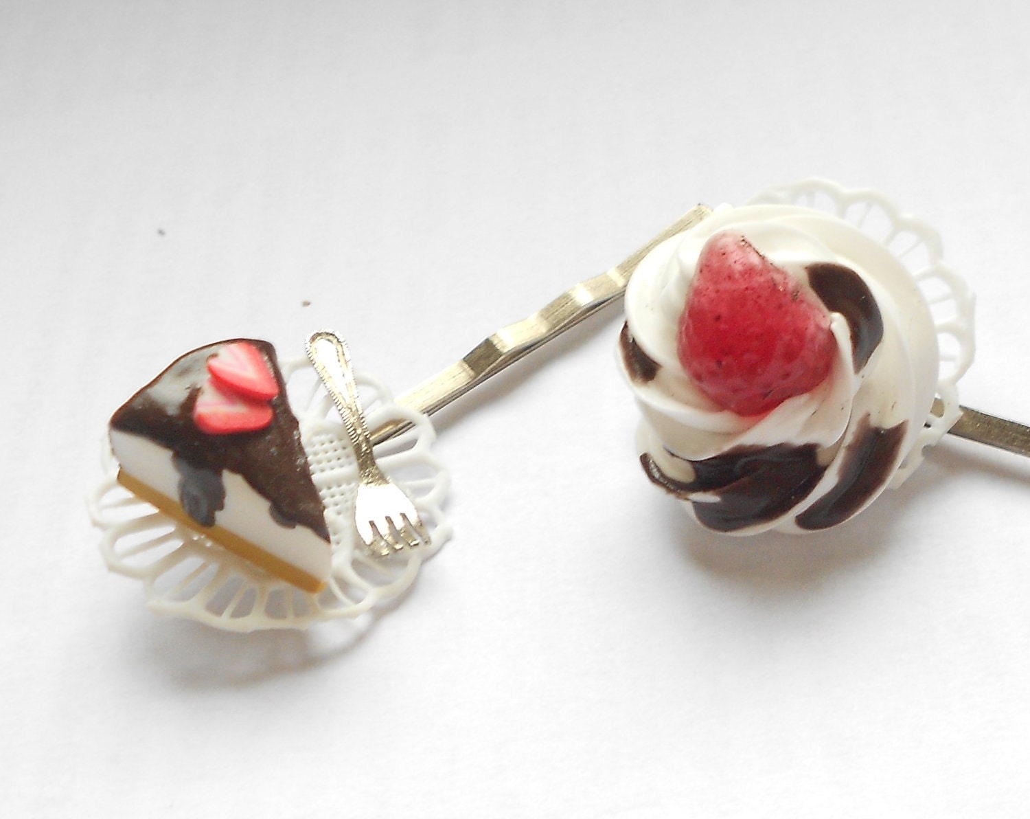 Chocolate  Strawberry cheesecake bobby pins - handmade miniature polymer clay food jewelry