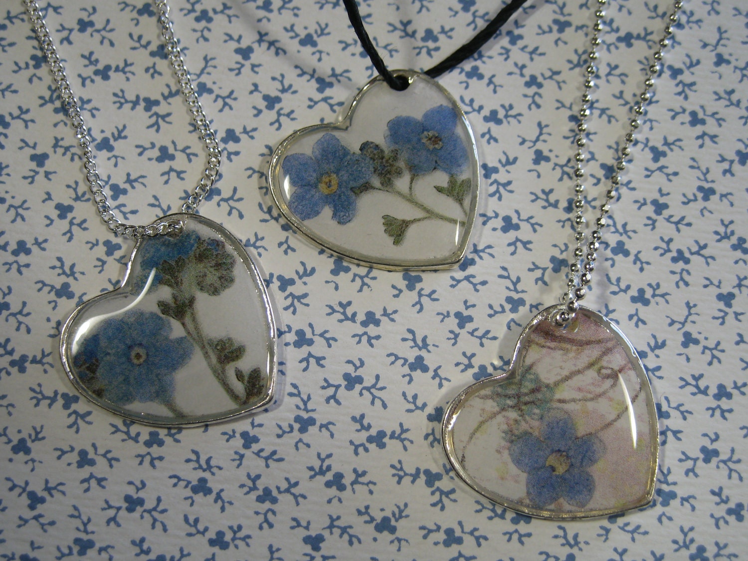 Off Centered Forget Me Not Resin Heart Pendant