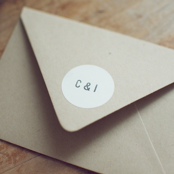 96 Wedding White Circle Initial Stickers Hand-Stamped for Favors and Envelope Seals (Custom)
