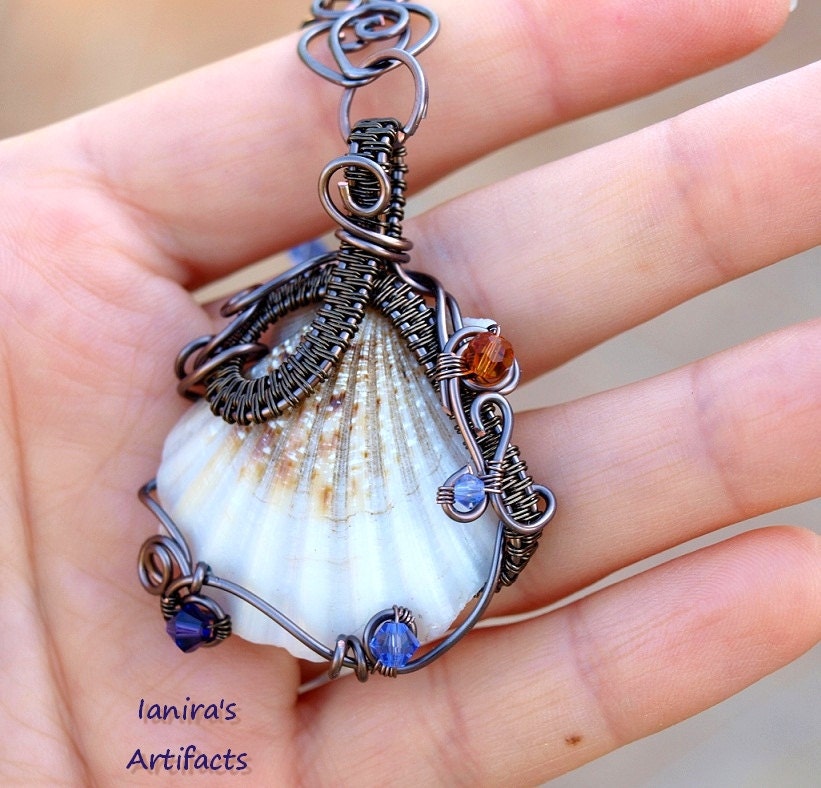 Steampunk Wire wrapped seashell pendant with Swarovski beads
