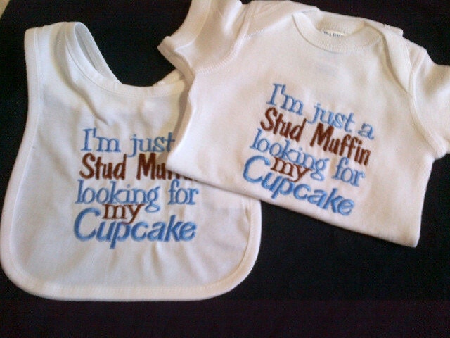 Boy Stud Muffin Onsie-Bib Set  I'm a Stud Muffin Looking of For My Cupcake Boy Onsie (onsie color choice)