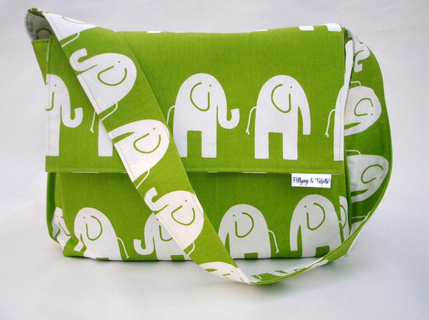 Diaper Bag - Boy or Girl - "Elephant Parade" in chartreuse green - Large Messenger Bag with Inner and Outer Pockets