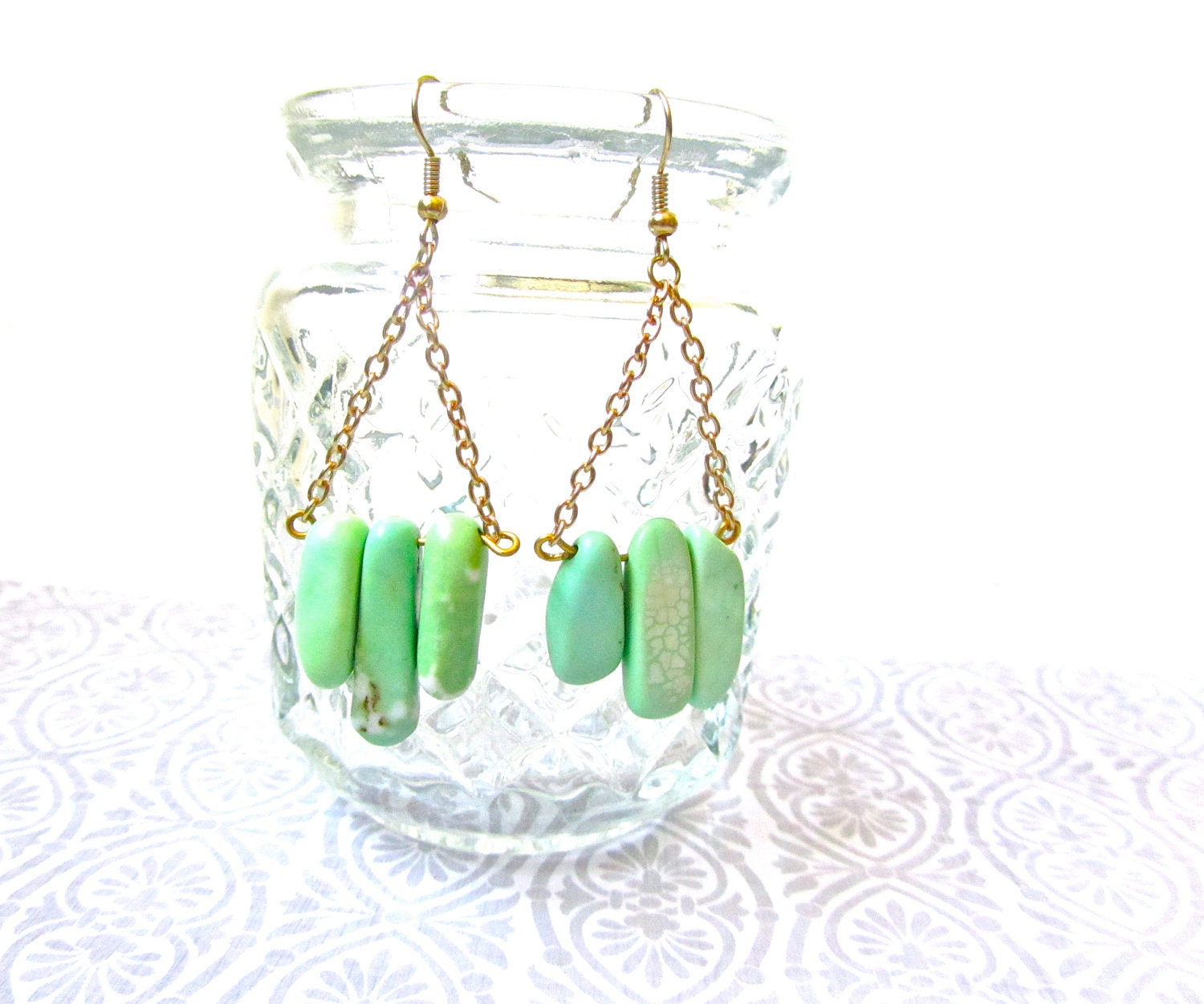 Mint Green Stone Earrings, Statement, Bohemian